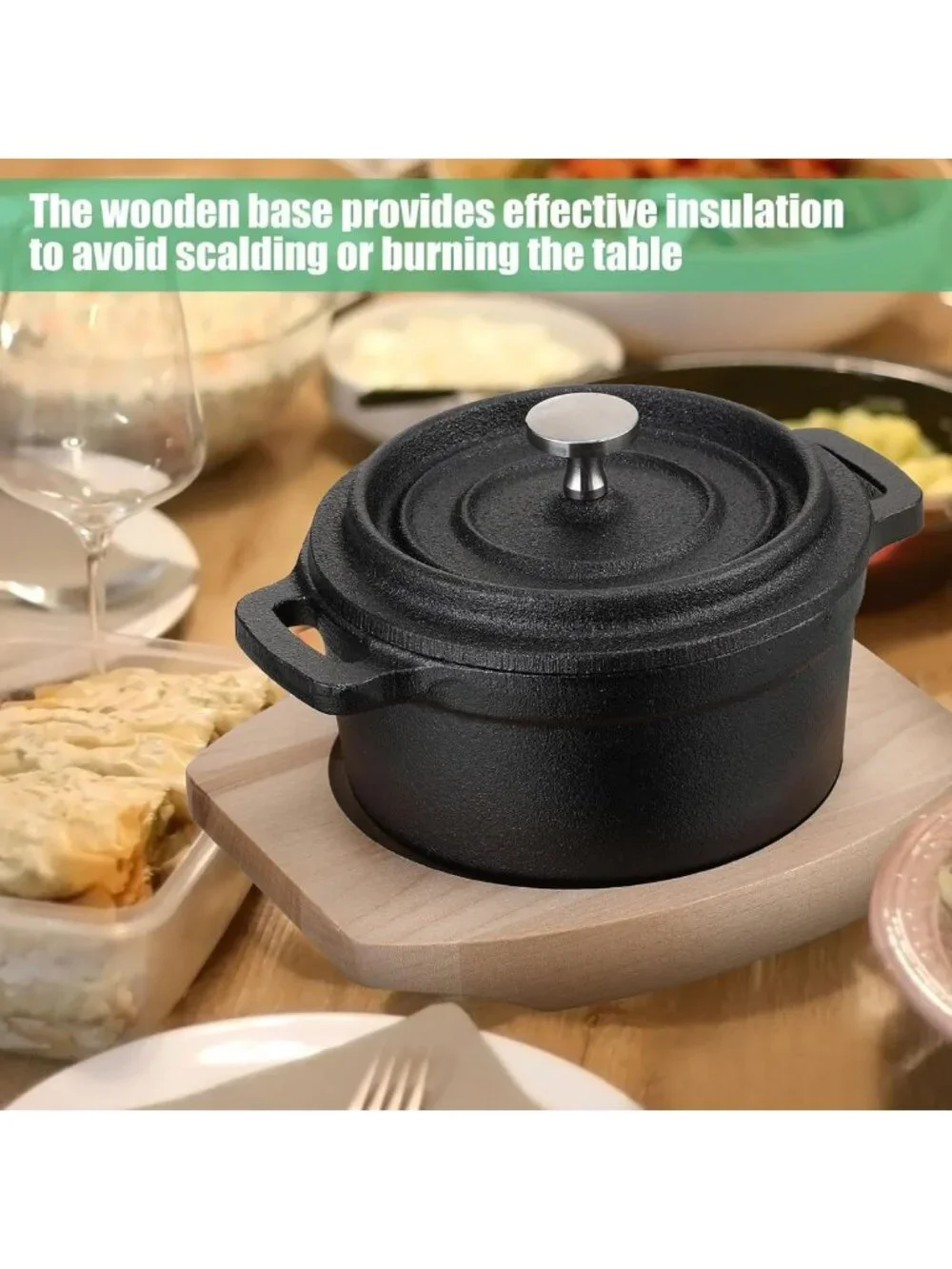 Set of 2 Pre-Seasoned 20 oz Cast Iron Dutch Ovens with Lids & Wooden Base